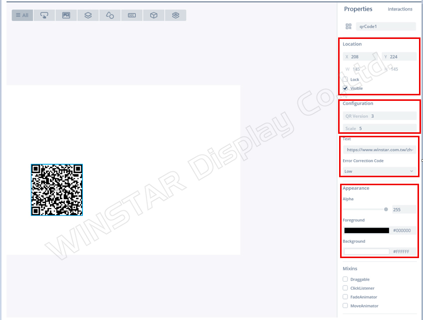Figure 27: QR code property screen
